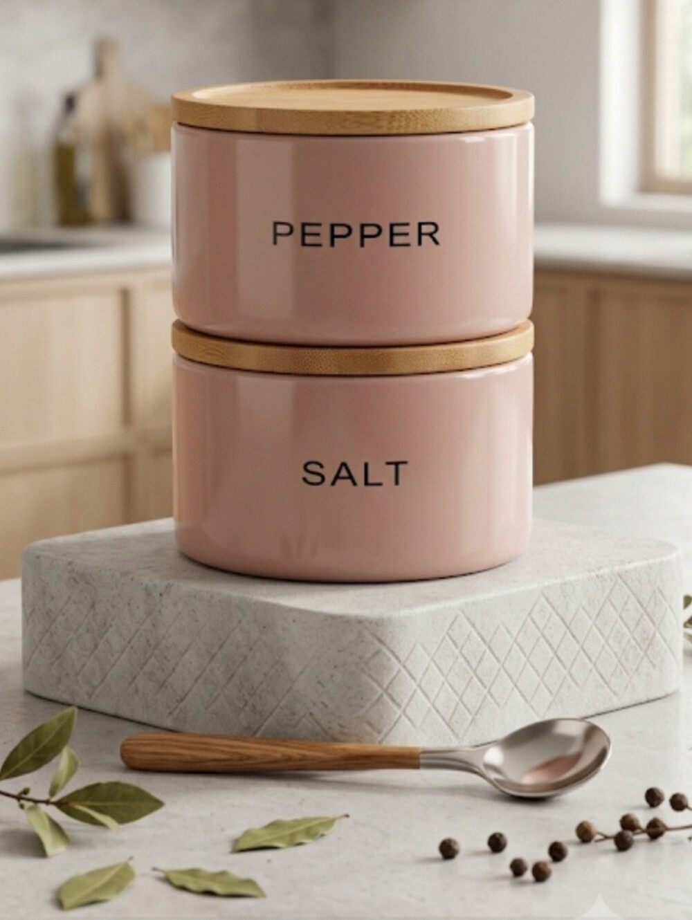 SALT & PEPPER  Ceramic Spice Jars in Dusty Pink with Bamboo Lids